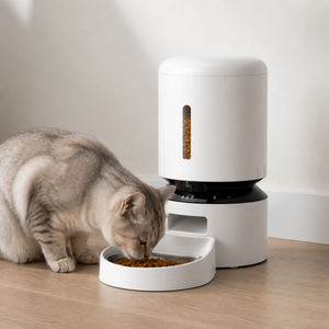Automatic camera pet feeder in use while a cat eats