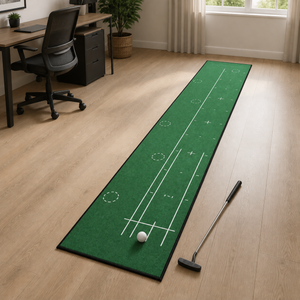 Golf putting mat in a home office practice space