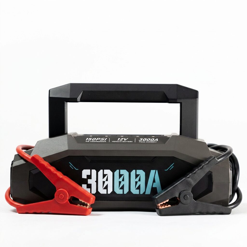 Portable Car Jump Starter and Tyre Inflator – 3000A Battery Booster with 150PSI Air Compressor, Power Bank and LED Light