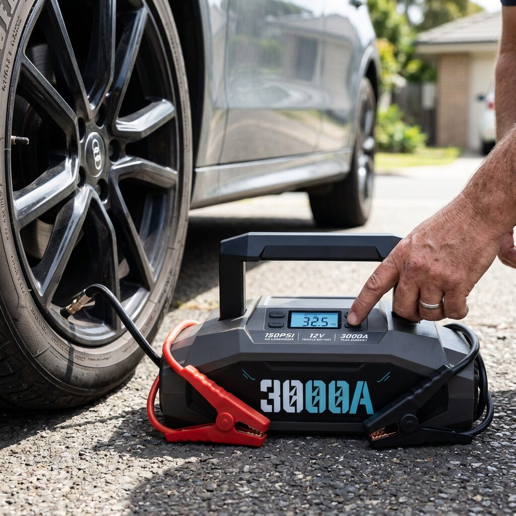 Portable Car Jump Starter and Tyre Inflator – 3000A Battery Booster with 150PSI Air Compressor, Power Bank and LED Light