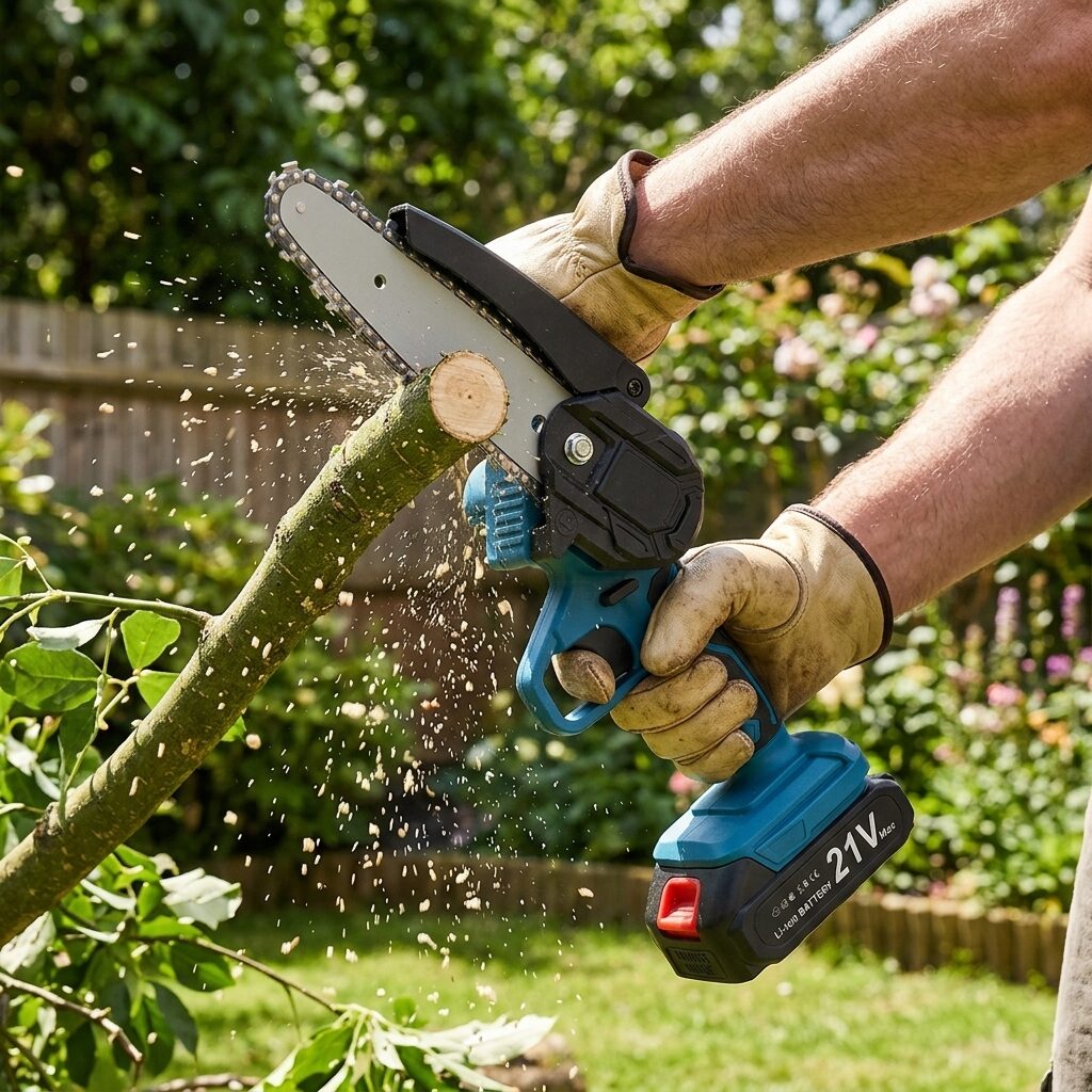 Cordless Mini Chainsaw – 6 Inch Handheld 21V Battery Chainsaw for Pruning, Branches and Firewood, 2 Batteries Included