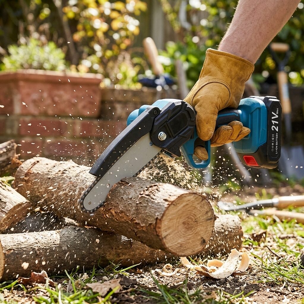 Cordless Mini Chainsaw – 6 Inch Handheld 21V Battery Chainsaw for Pruning, Branches and Firewood, 2 Batteries Included