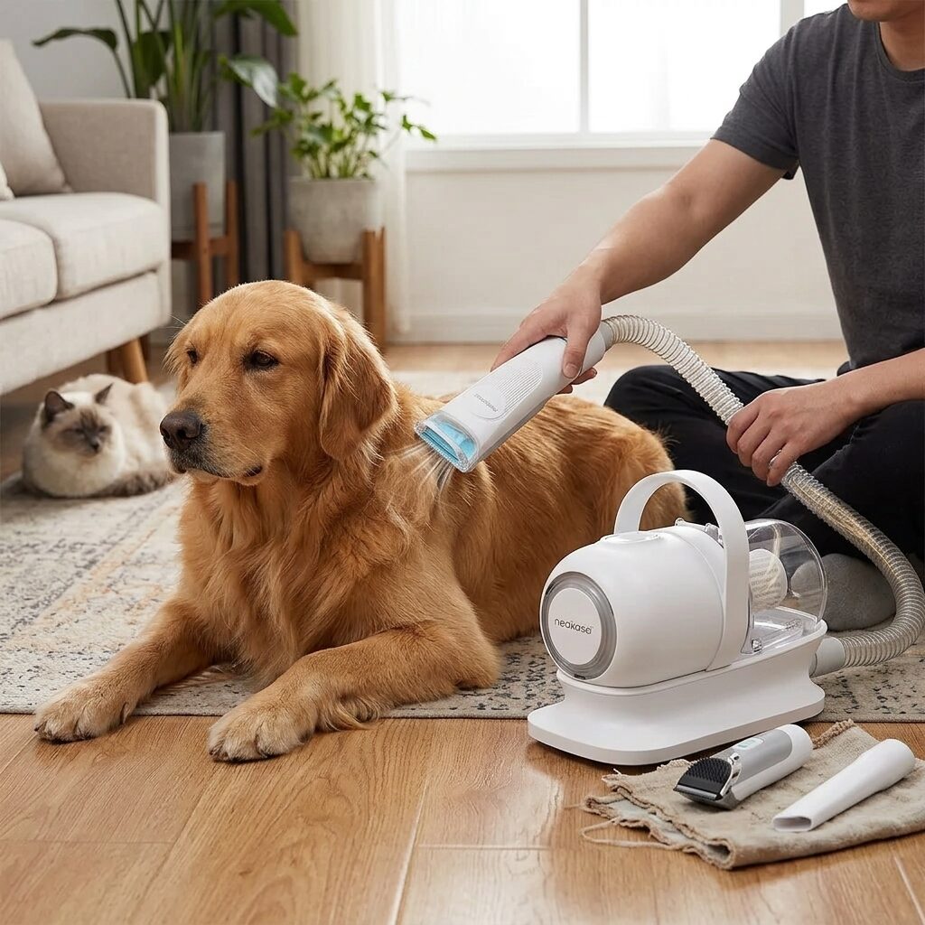 Dog Grooming Vacuum Kit - Low Noise Pet Grooming Clippers and Deshedding Brush Set with Suction for Dogs and Cats