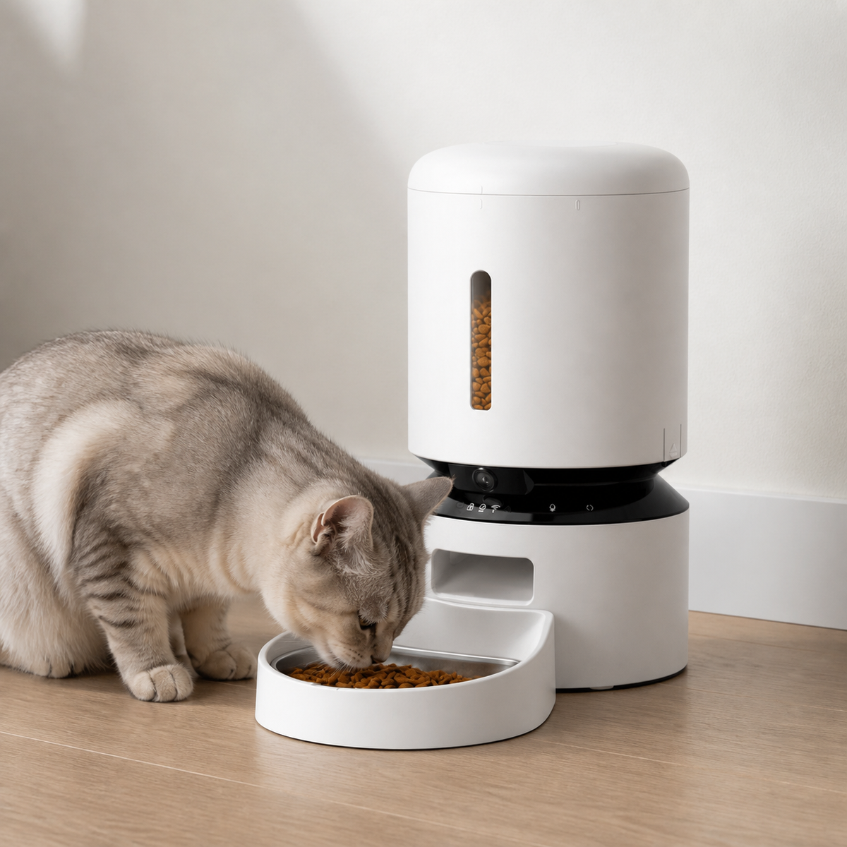 Automatic camera pet feeder in use while a cat eats