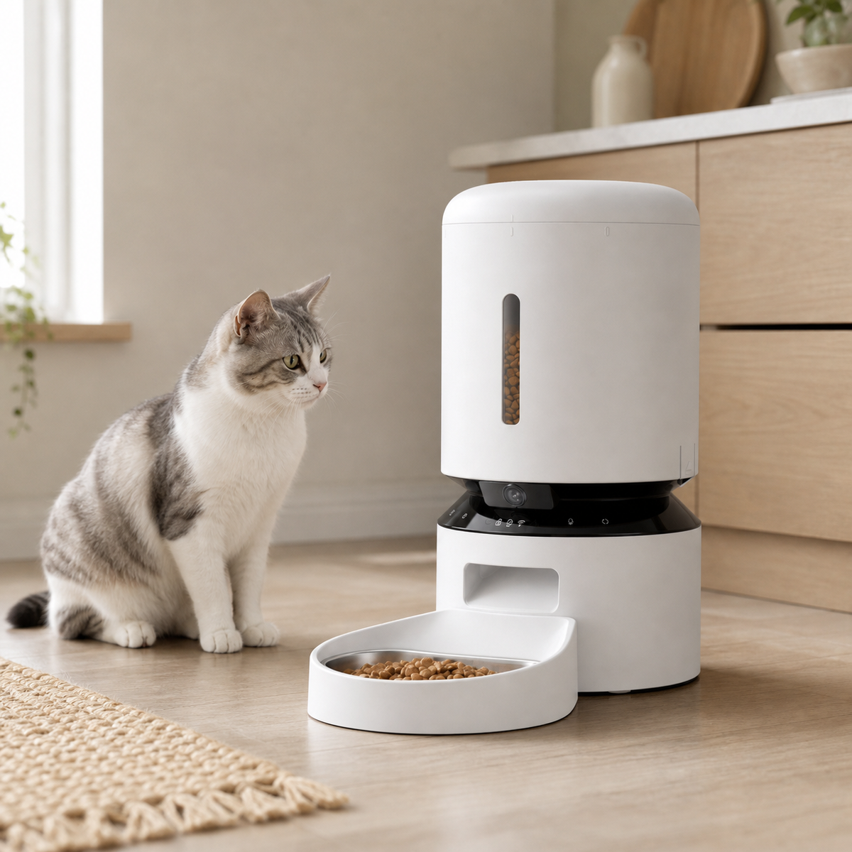 Automatic camera pet feeder in a kitchen with a cat