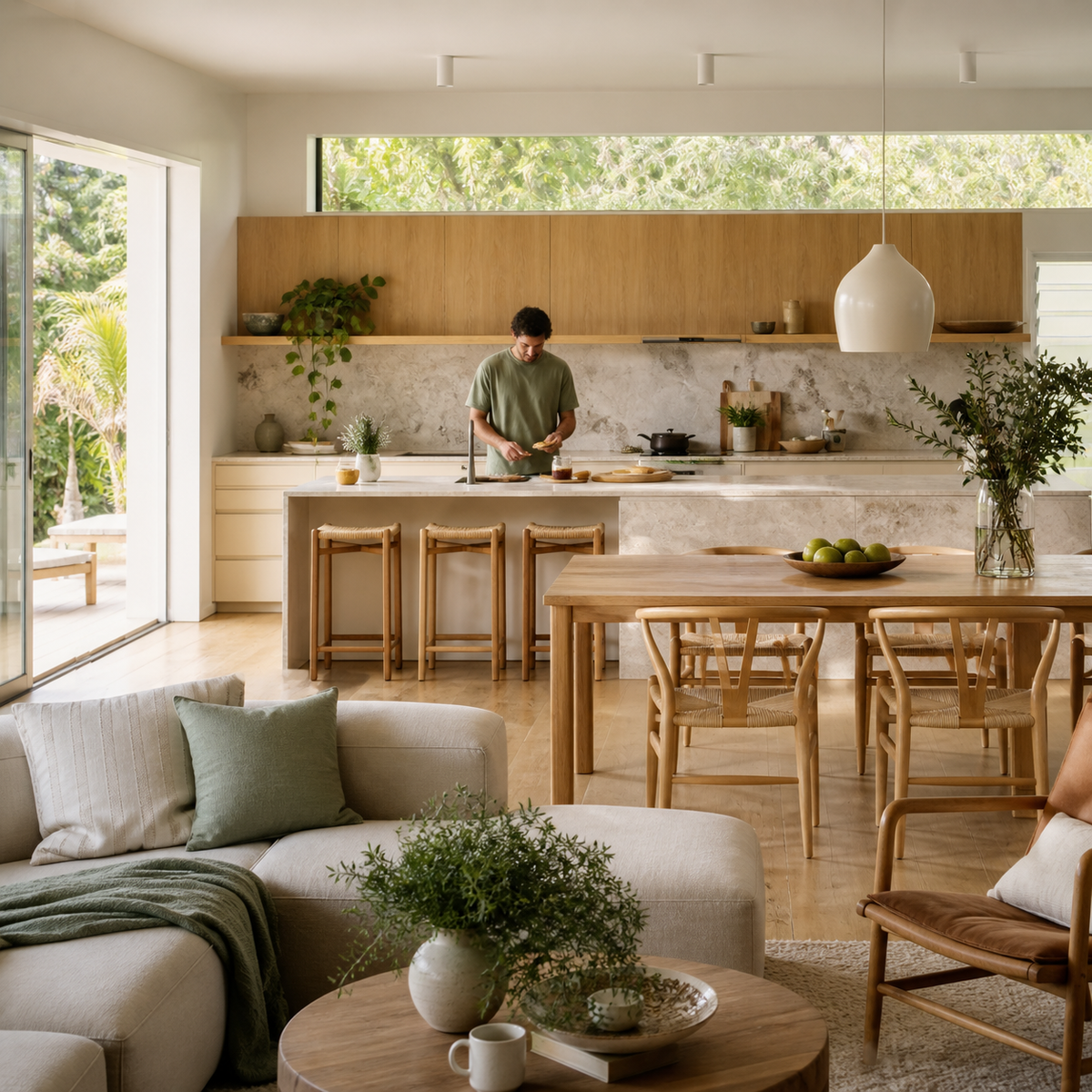 Warm modern Australian home and kitchen lifestyle scene