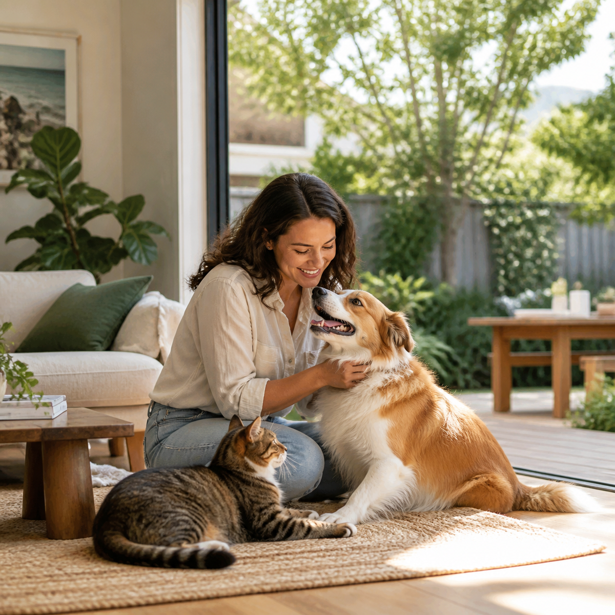 Dog and cat enjoying a relaxed Australian home with their owner