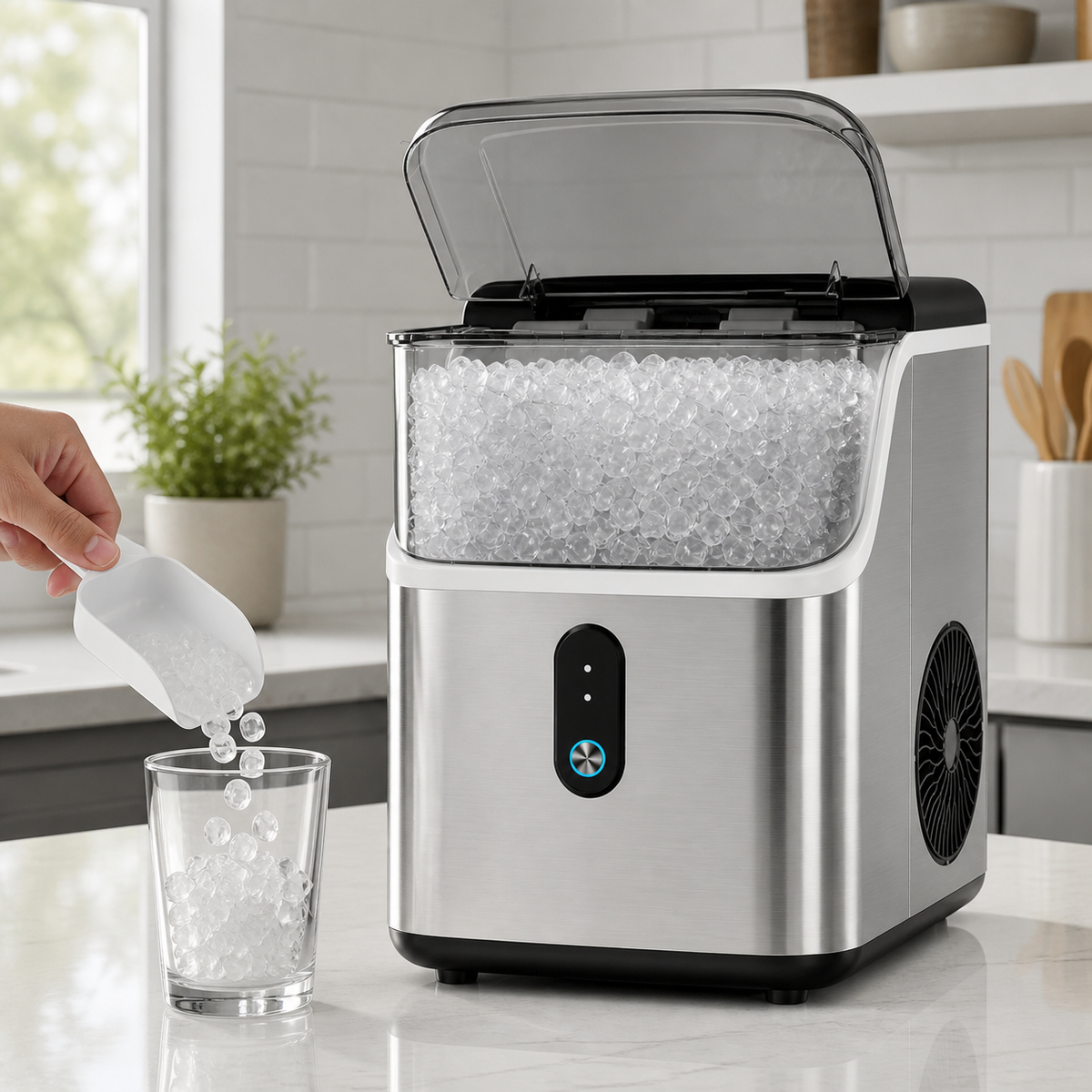 Countertop nugget ice maker scooping ice into a glass
