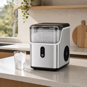 Countertop nugget ice maker on a kitchen counter with a glass