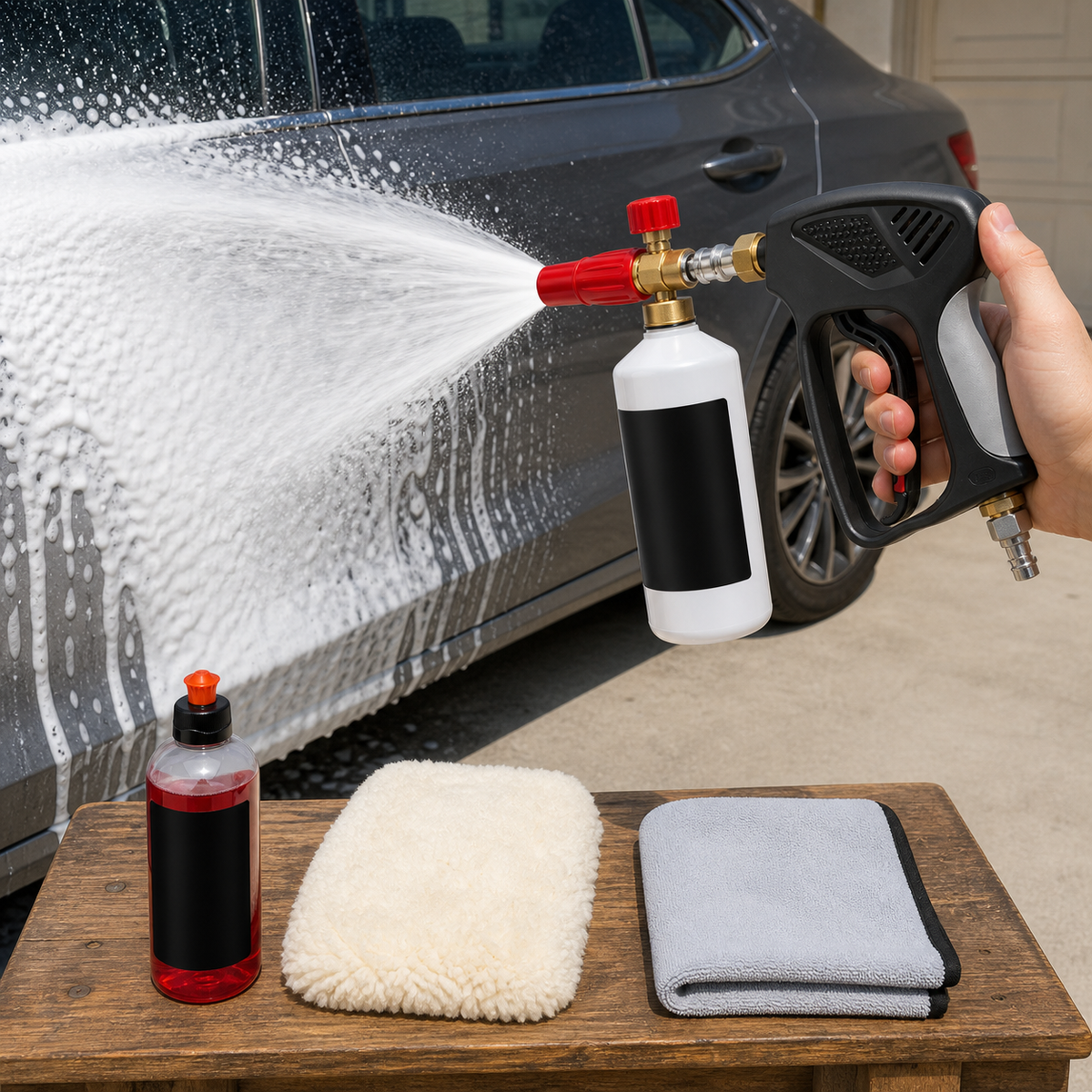 Foam Cannon Car Wash Kit in use washing a car