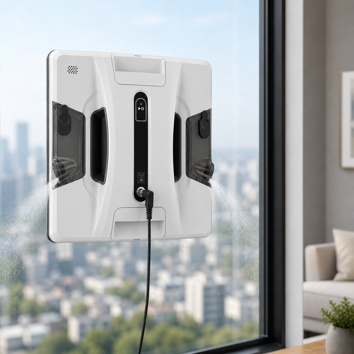 Robot window cleaner spraying water while cleaning a glass pane