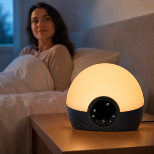 Sunrise alarm clock glowing beside a waking sleeper