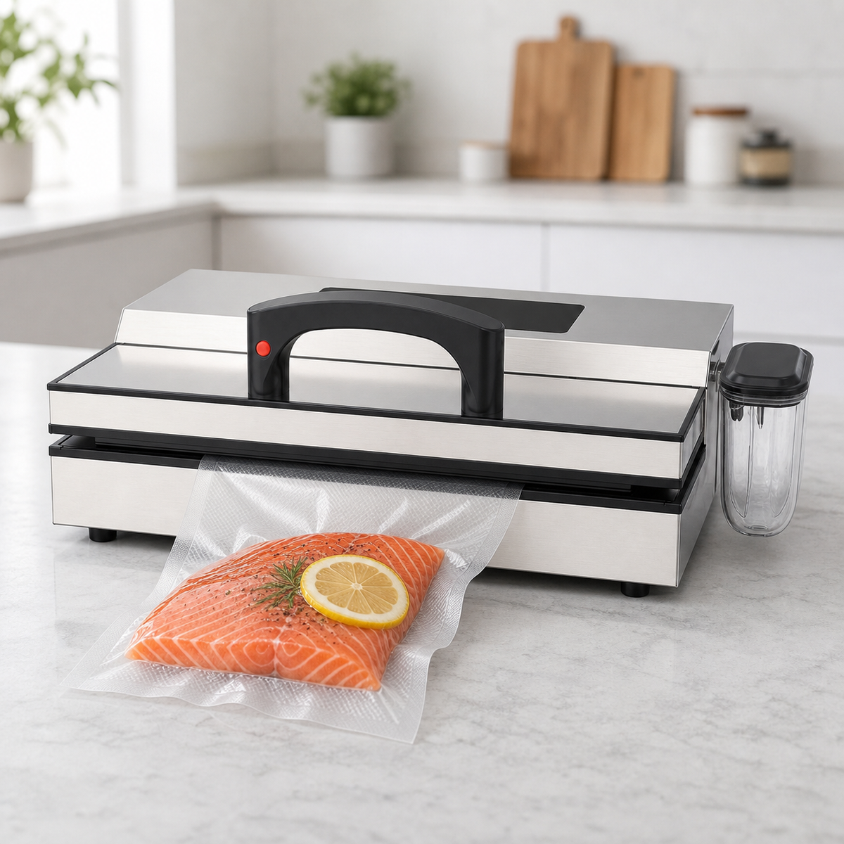 Vacuum sealer machine sealing a salmon food storage bag